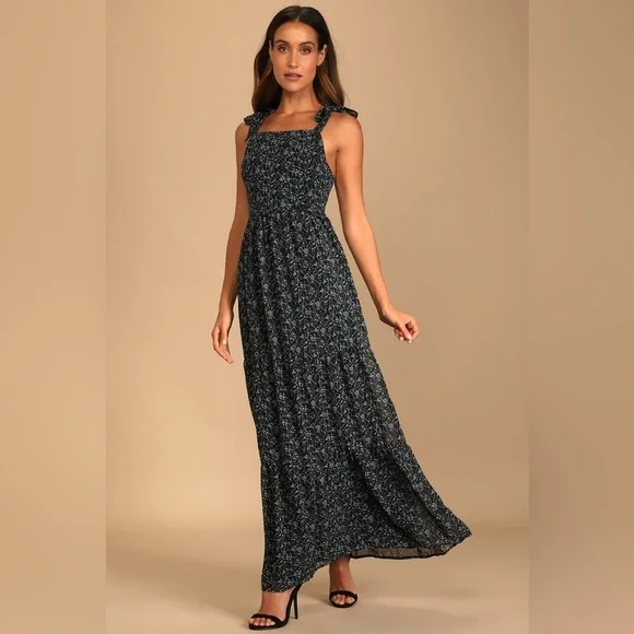 Lulu’s Glad to Meet You Black Floral Print Tie-Strap Tiered Maxi Dress sundress - Picture 2 of 10
